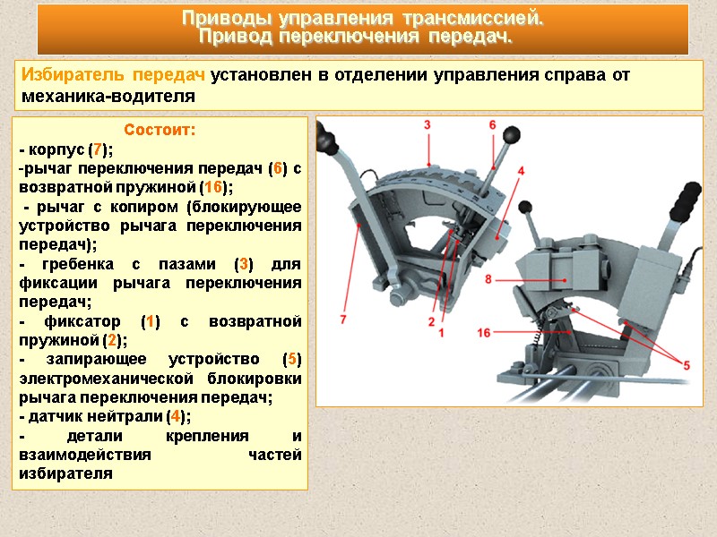 Избиратель передач установлен в отделении управления справа от механика-водителя  Состоит:  - корпус